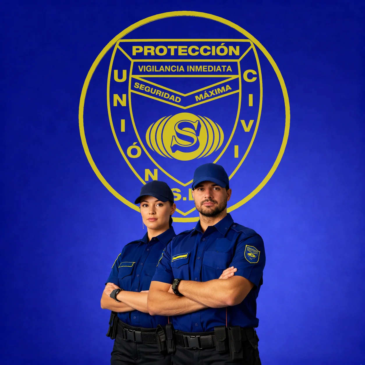 Una vigilante y un vigilante de Unión Protección Civil ante el escudo de la empresa